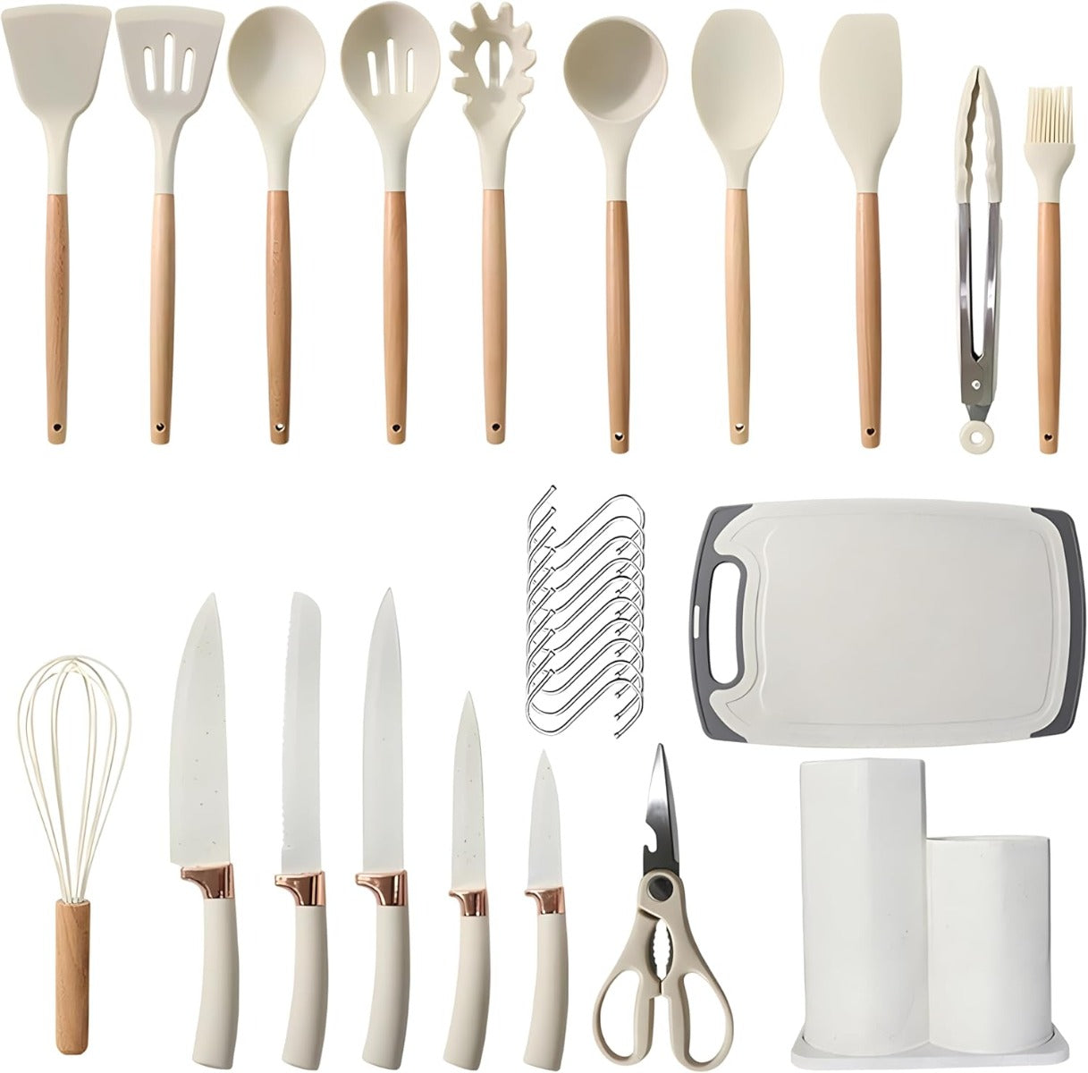 Set di 19 Utensili da Cucina in Silicone – Resistenti al Calore, Antiaderenti e Delicati sulle Pentole (Bianco)